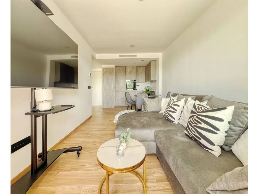Apartament F: sofa i widok na część jadalnianą